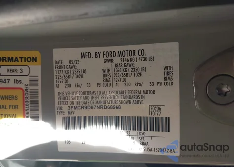 2022 Ford Bronco Sport Badlands z USA, uszkodzony, nr VIN 3FMCR9D97NRD68968